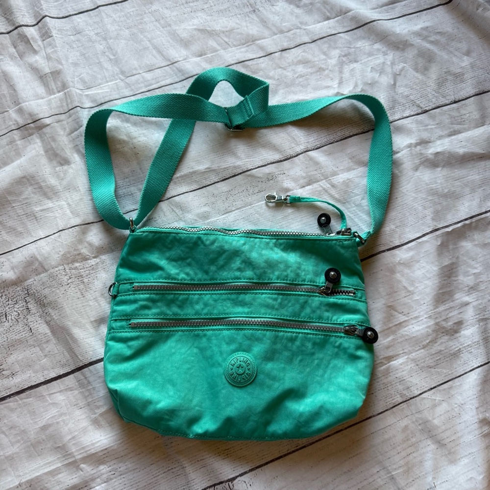 Kipling Mini Crossbody Bag Aqua Blue Nylon Triple Zip Purses
